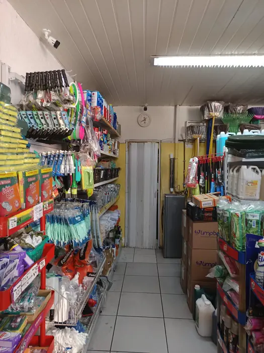 Expositor com esponjas, luvas, escovas e utensílios de limpeza