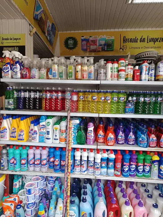 Prateleiras cheias de detergentes, desinfetantes, sapólio e água sanitária de várias marcas